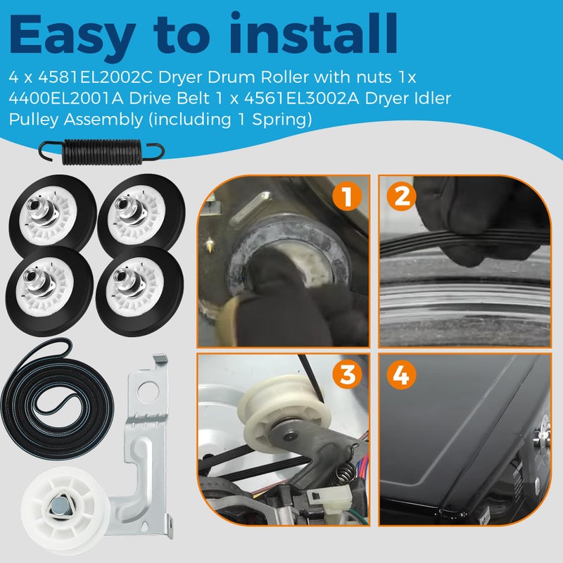 Romalon Dryer Repair Roller kit for Kenmore LG 4581EL2002C Roller Assembly 4561EL3002A Idler Pulley Assembly and 4400EL2001A (4400EL2001F) Dryer Belt - Image 5